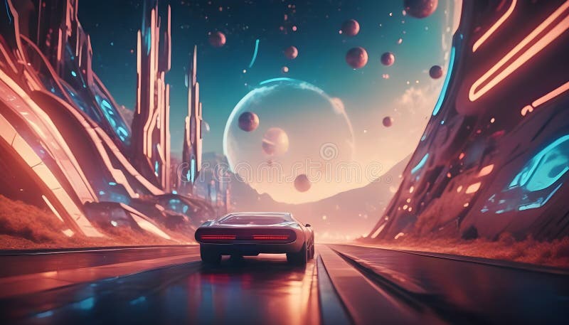在星球3d渲染背景下在路上行驶的汽车 库存图片