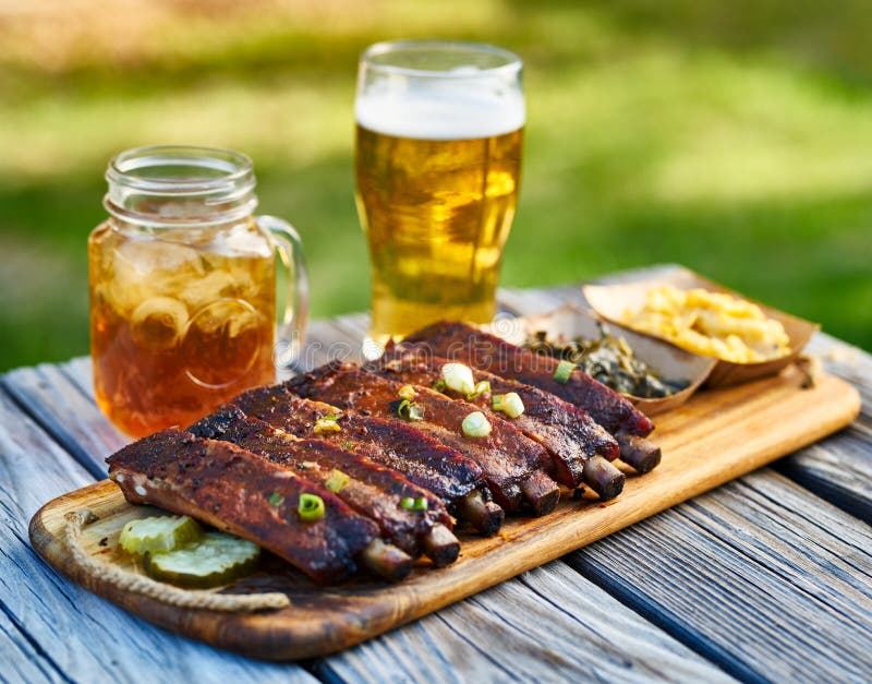 在晴朗的夏日期间,圣路易斯样式与散叶甘兰绿色的bbq肋骨和在野餐桌上的橡皮防水布&乳酪外部 免版税库存图片 在晴朗的夏日期间,圣路易斯样式与散叶甘兰绿色的bbq肋骨和在野餐桌上的橡皮防水布&乳酪外部 免版税库存图片