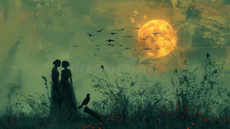 在月光下与鸟在神秘的风景中的轮廓 向量例证