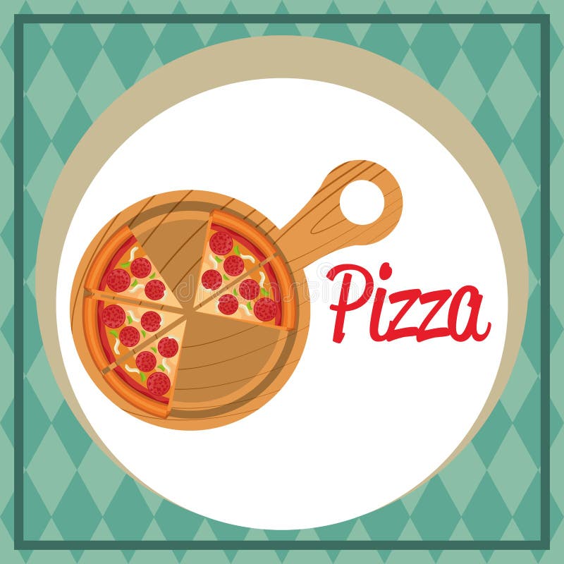 Delicious italian pizza in wooden tray vector illustration design. Delicious italian pizza in wooden tray vector illustration design