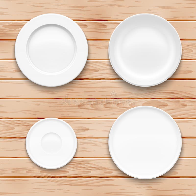 White plate set on wooden background. Kitchen dishware. Vector illustration. White plate set on wooden background. Kitchen dishware. Vector illustration.