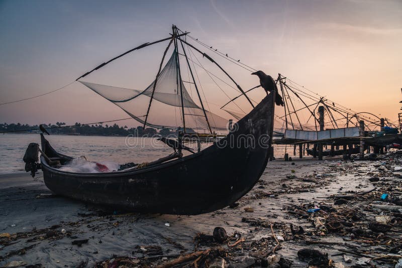 在柯枝堡，中国鱼网，喀拉拉，印度的金黄小时日出鸟