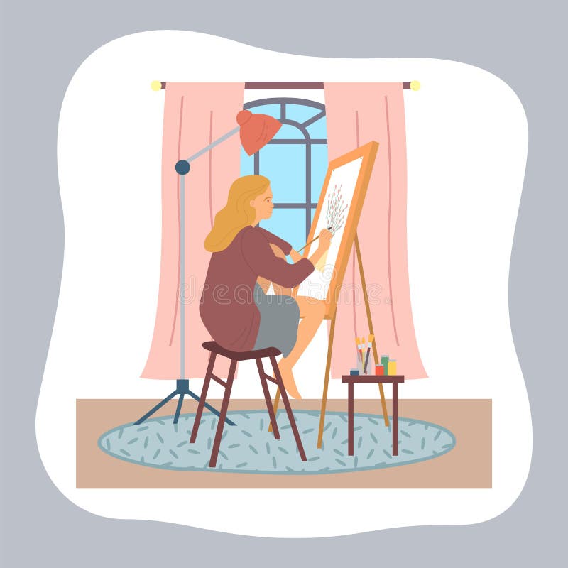 在棋盘上画花束的花瓶在休闲时间爱好中画画的女人