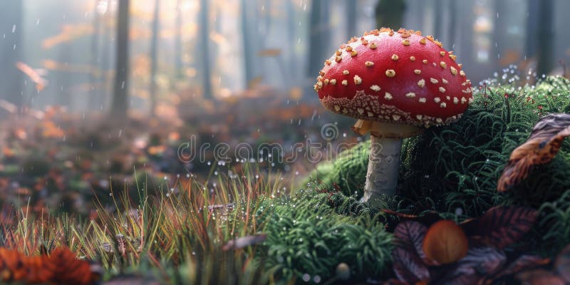 在森林地层郁郁葱葱的绿色植被中生长的鲜红色蘑菇 库存图片