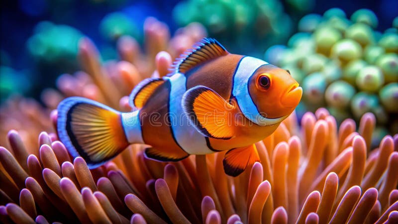 在欣欣向荣的海洋水族馆中，一只生机的小丑的特写，是珊瑚的绝妙宏观摄影展 皇族释放例证
