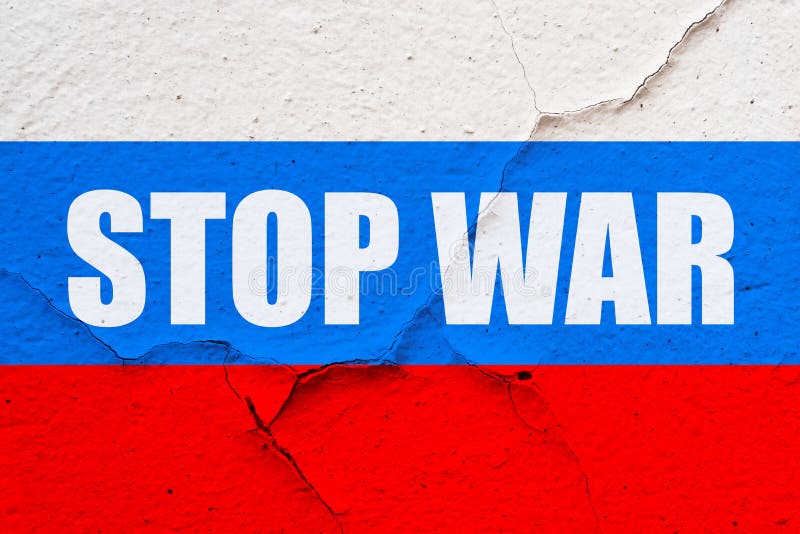 Russian flag painted on a concrete wall with Stop war. Russian flag painted on a concrete wall with Stop war