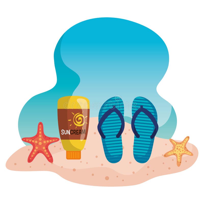 flip-flop with suncream and starfishes in the beach sand to summer time vector illustration. flip-flop with suncream and starfishes in the beach sand to summer time vector illustration