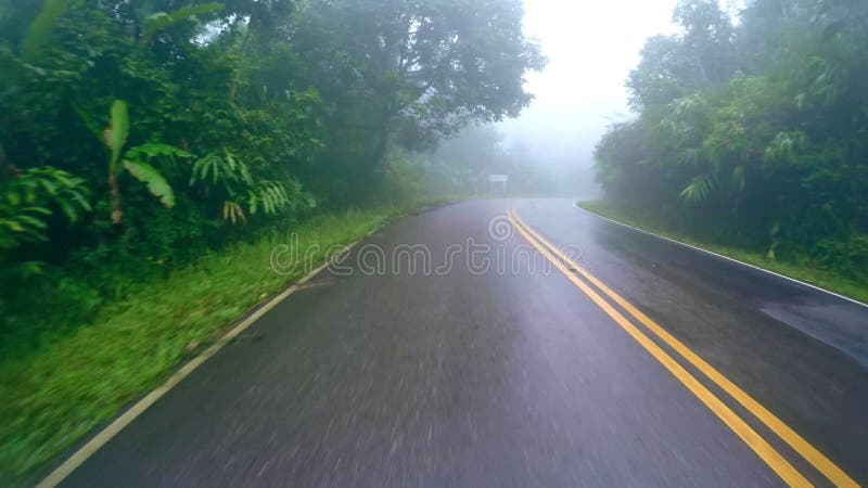 在沥青山高速公路有雾的天气的上的照相机