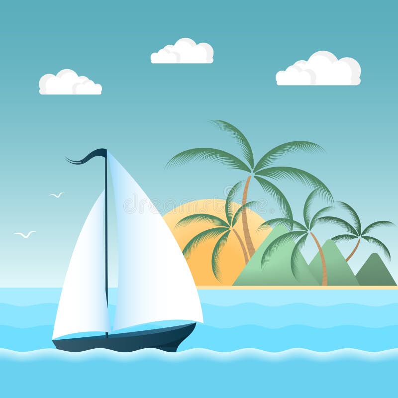 在波浪的帆船 有棕榈树和山的热带海岛 海滩英国概念节假日护照夏天玩具 皇族释放例证 在波浪的帆船 有棕榈树和山的热带海岛 海滩英国概念节假日护照夏天玩具 皇族释放例证