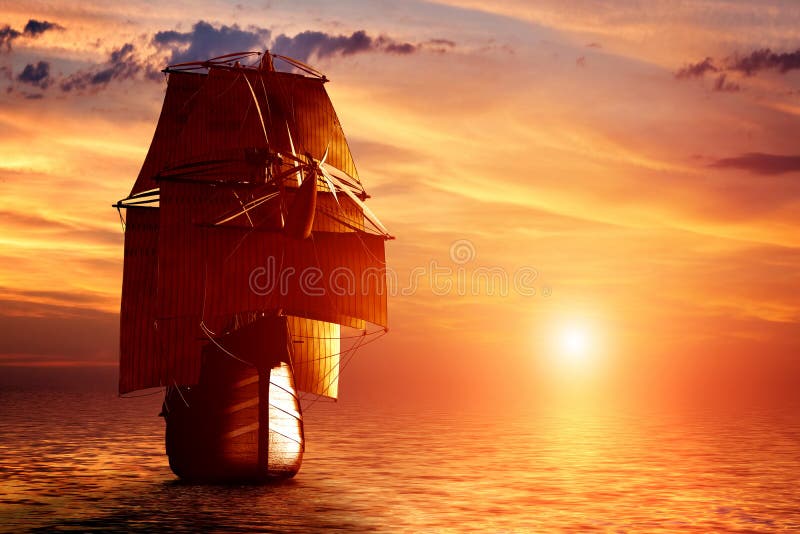 Ancient pirate ship sailing on the ocean at sunset. In full sail. Ancient pirate ship sailing on the ocean at sunset. In full sail.