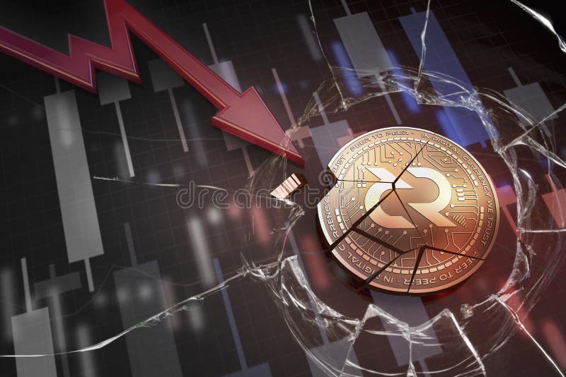在消极图崩溃baisse落的失去的缺乏3d翻译打破的发光的金黄DECRED cryptocurrency硬币 皇族释放例证