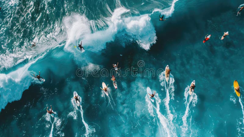 A group of surfers are gliding on an azure wave in the electric blue ocean, surrounded by liquid beauty of the natural landscape AIG50 AI generated. A group of surfers are gliding on an azure wave in the electric blue ocean, surrounded by liquid beauty of the natural landscape AIG50 AI generated