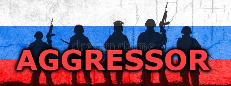 Flag of Russia painted on a concrete wall with word aggressor and soldiers shadows. Crisis in international relations, Russian military invasion of Ukraine. Flag of Russia painted on a concrete wall with word aggressor and soldiers shadows. Crisis in international relations, Russian military invasion of Ukraine