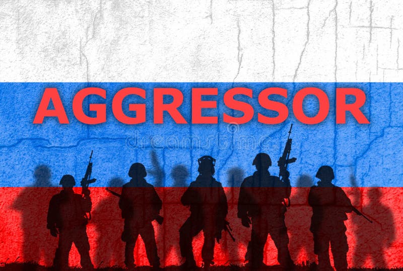 Flag of Russia painted on a concrete wall with word aggressor and soldiers shadows. Crisis in international relations, Russian military invasion of Ukraine. Flag of Russia painted on a concrete wall with word aggressor and soldiers shadows. Crisis in international relations, Russian military invasion of Ukraine