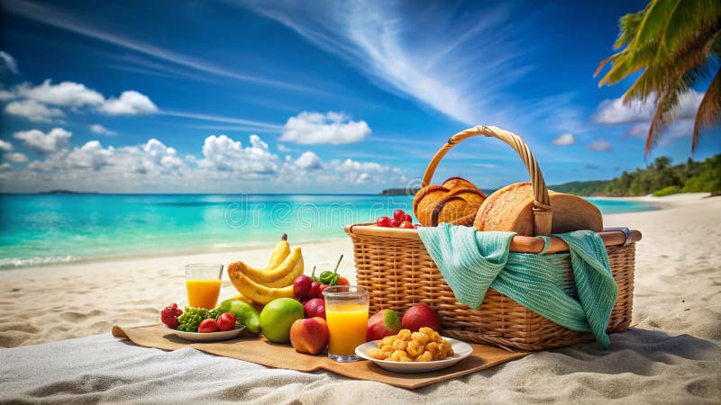 在清澈的白沙、碧绿的海水和美味的夏日美食上,享受阳光的海滩野餐 向量例证