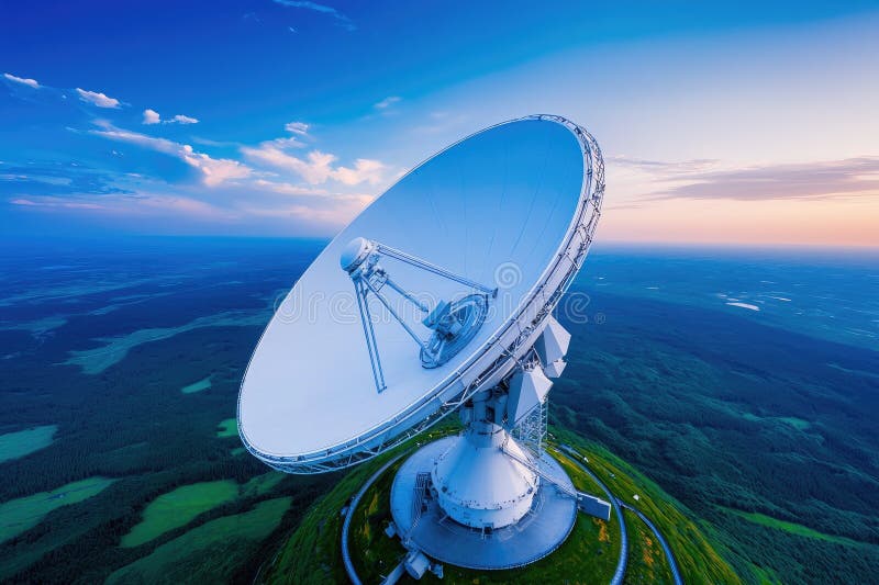在湛蓝的天空下，一个卫星碟，四周环绕着鲜艳的绿色风景，展示先进的沟通 向量例证
