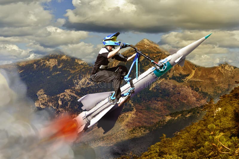 Conceptual image of biker flying on a rocket. Conceptual image of biker flying on a rocket