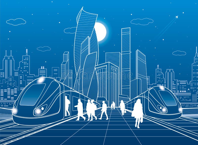 在火车站的两列火车 平台的乘客 现代夜镇 都市运输例证 城市生活场面 丝毫 库存例证 在火车站的两列火车 平台的乘客 现代夜镇 都市运输例证 城市生活场面 丝毫 库存例证