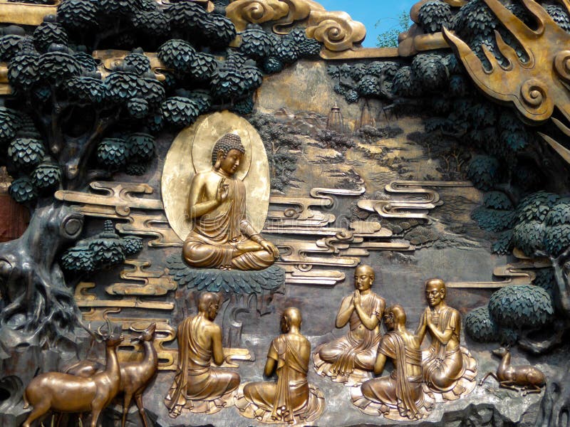 A bronze Buddha with his disciples and deers Murals statue at Lingshan in wuxi city jiangsu province China. A bronze Buddha with his disciples and deers Murals statue at Lingshan in wuxi city jiangsu province China.