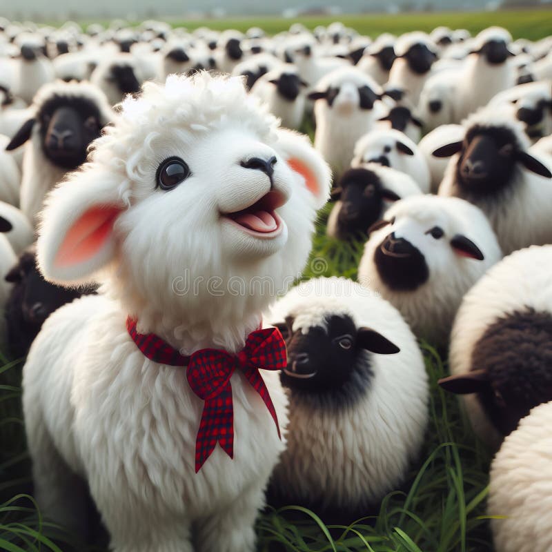 Cute cartoon white sheep with red bow on the background of a flock of identical sheep grazing in a field grazing. High quality photo AI generated. Cute cartoon white sheep with red bow on the background of a flock of identical sheep grazing in a field grazing. High quality photo AI generated