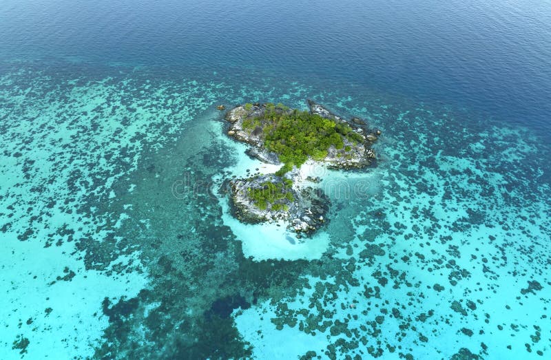 在一片珊瑚礁蓝绿海的迷人大自然中，海边是白色沙滩的上方库存照片