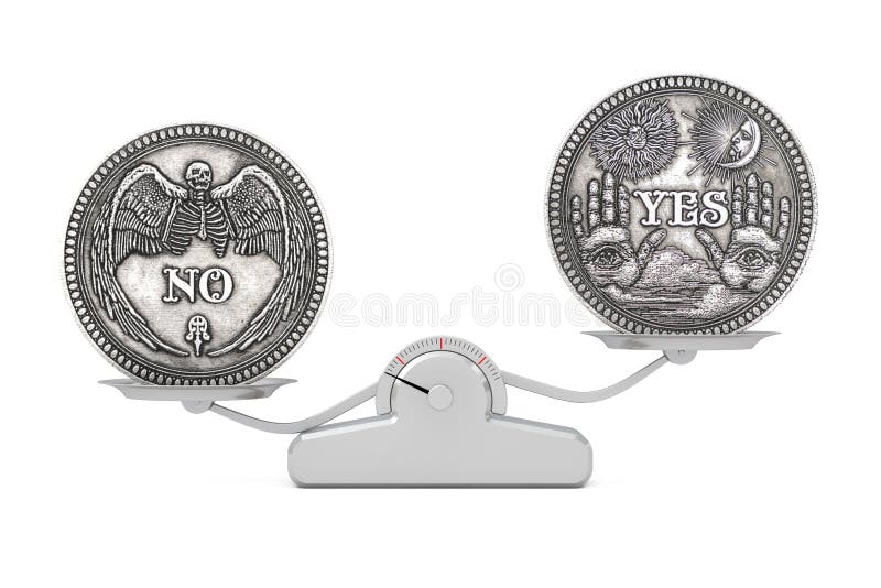 Vintage Silver Flipping Coin with Yes and No Word for Make the Right Choice, Opportunity, Fortune or Decision in Life balancing on a Simple Balance Scale on a white background. 3d Rendering. Vintage Silver Flipping Coin with Yes and No Word for Make the Right Choice, Opportunity, Fortune or Decision in Life balancing on a Simple Balance Scale on a white background. 3d Rendering