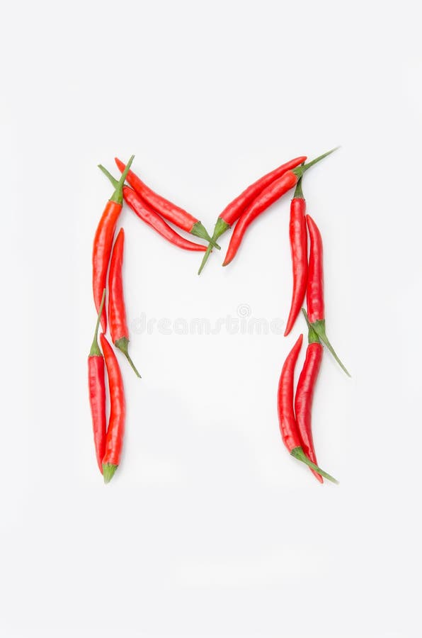 Bold letter M Latin alphabet of red hot chili pepper on a white background. Bold letter M Latin alphabet of red hot chili pepper on a white background