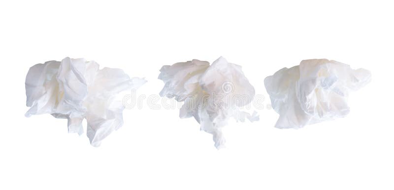 Top view set of screwed or crumpled tissue paper balls after use in toilet or restroom is isolated on white background with clipping path. Top view set of screwed or crumpled tissue paper balls after use in toilet or restroom is isolated on white background with clipping path