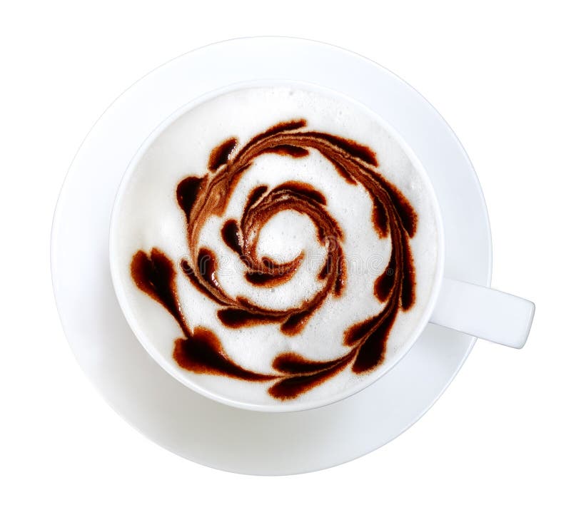 Top view of hot mocha coffee latte art chocolate heart shape spiral isolated on white background, clipping path included. Top view of hot mocha coffee latte art chocolate heart shape spiral isolated on white background, clipping path included