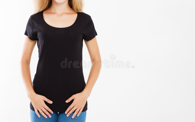 在白色背景隔绝的黑T恤杉的播种的画象妇女 嘲笑为设计 复制空间 模板 空白的 库存图片 在白色背景隔绝的黑T恤杉的播种的画象妇女 嘲笑为设计 复制空间 模板 空白的 库存图片