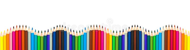 在白色，全景背景隔绝的五颜六色的木铅笔波浪，回到学校概念 免版税库存照片