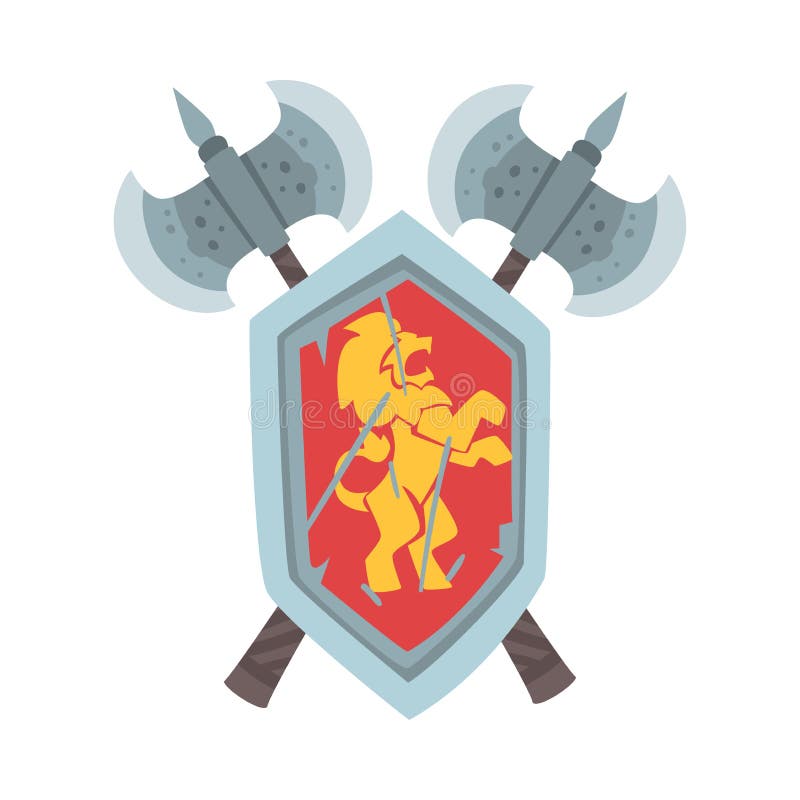 Coat of Arms on Escutcheon or Shield with Crossed Ax Vector Illustration. Heraldic Emblem from Middle Ages as Royal Power Symbol Concept. Coat of Arms on Escutcheon or Shield with Crossed Ax Vector Illustration. Heraldic Emblem from Middle Ages as Royal Power Symbol Concept