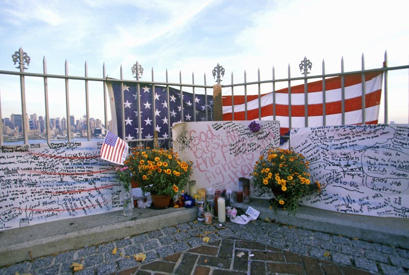 September 11, 2001 Memorial on rooftop looking over Weehawken, New Jersey, New York City, NY. September 11, 2001 Memorial on rooftop looking over Weehawken, New Jersey, New York City, NY