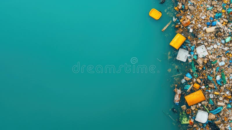 在碧绿的海岸线上，从空中观看五颜六色的废物和碎片，突显环境污染挑战 库存例证