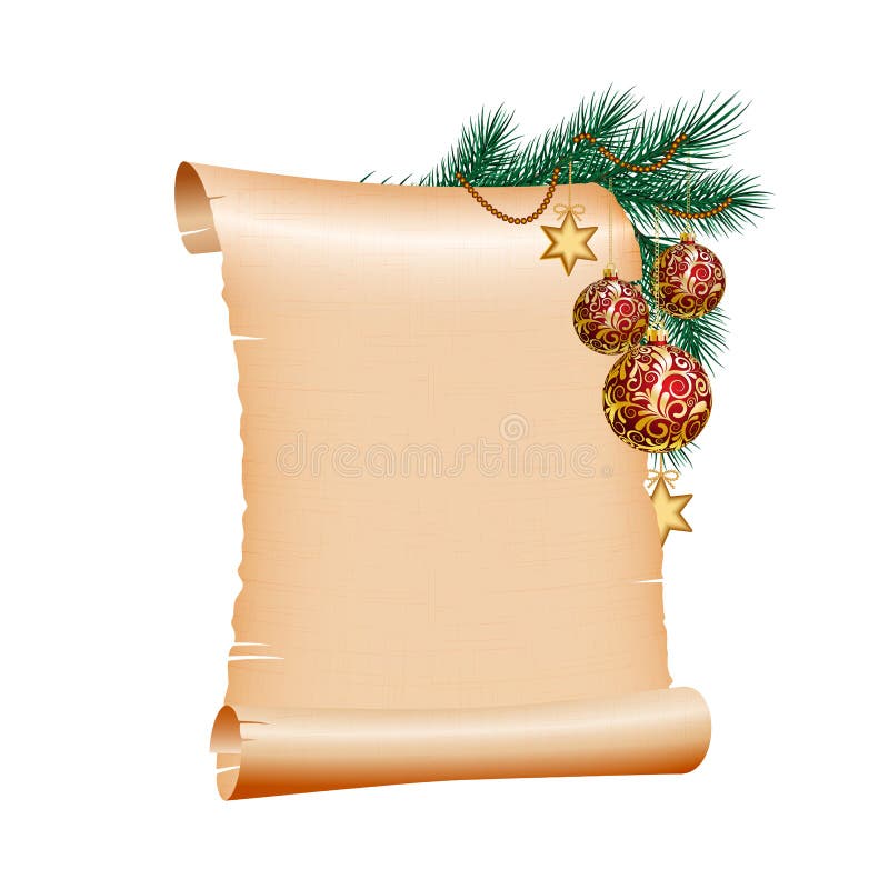 Old blank scroll paper with red christmas balls on green spruce branch. vector illustration on white background. Old blank scroll paper with red christmas balls on green spruce branch. vector illustration on white background