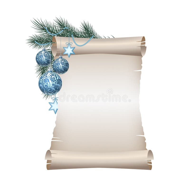Old blank scroll paper with blue christmas balls on green spruce branch. vector illustration on white background. Old blank scroll paper with blue christmas balls on green spruce branch. vector illustration on white background