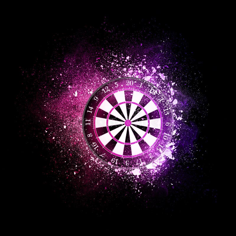 Darts board flying in violet particles isolated on black background. Sport competition concept for darts tournament poster, placard, card or banner. Darts board flying in violet particles isolated on black background. Sport competition concept for darts tournament poster, placard, card or banner.