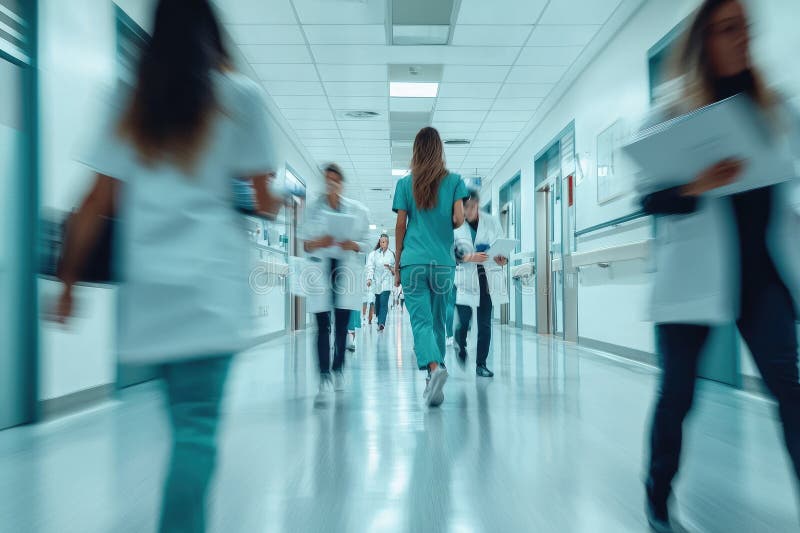在繁忙医院走廊里的医护人员 库存图片