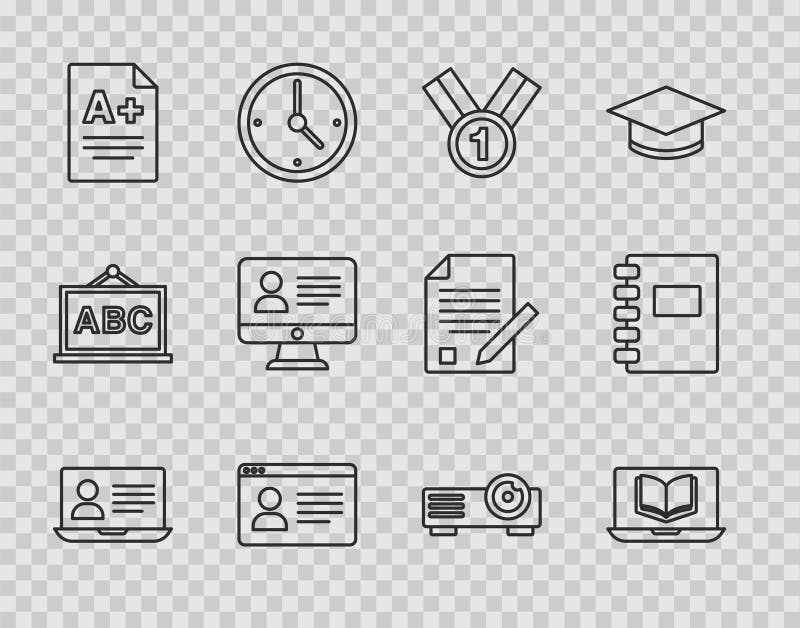 Set line Online class Medal Exam sheet with A plus grade Movie film media projector and Spiral notebook icon. Vector. Set line Online class Medal Exam sheet with A plus grade Movie film media projector and Spiral notebook icon. Vector.