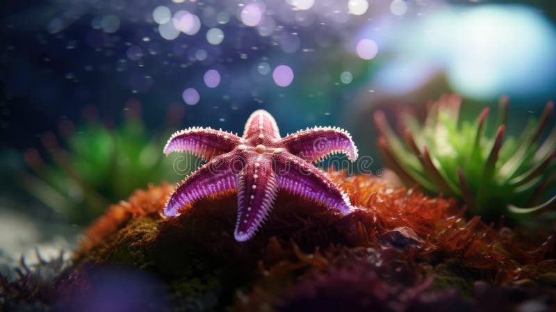 Pink starfish resting on top of some green plants and seaweed. It is surrounded by water, with background being blue in color. There are also several small fish swimming around area.. Generative AI. Pink starfish resting on top of some green plants and seaweed. It is surrounded by water, with background being blue in color. There are also several small fish swimming around area.. Generative AI