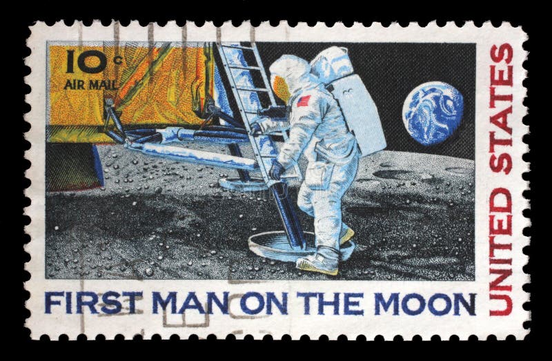 在美国打印的邮票显示月亮的宇航员尼尔・阿姆斯特朗