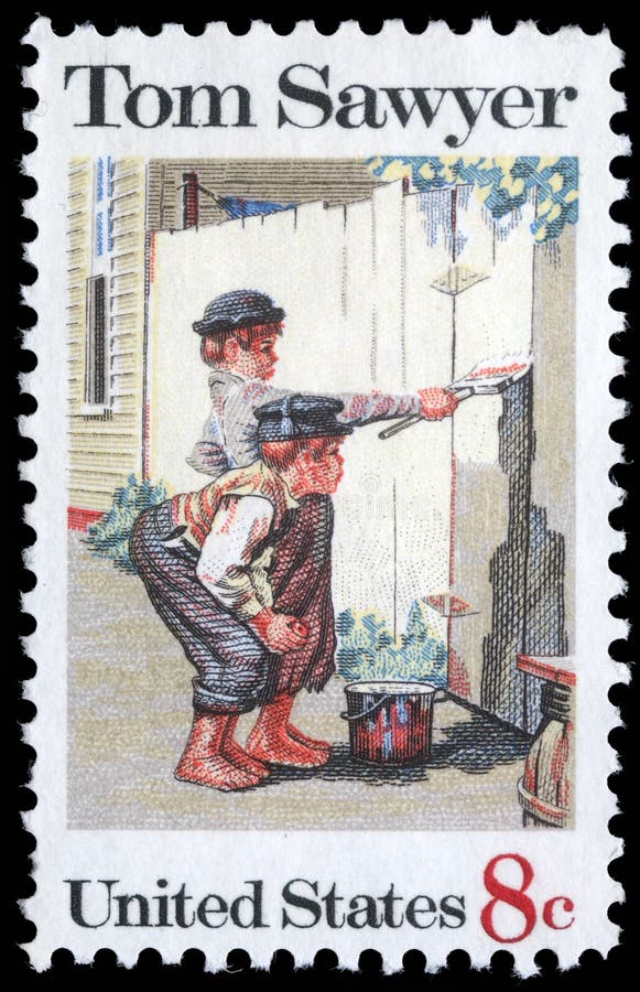 在美国打印的邮票由诺曼・洛克威尔显示绘画`汤姆・索亚`，