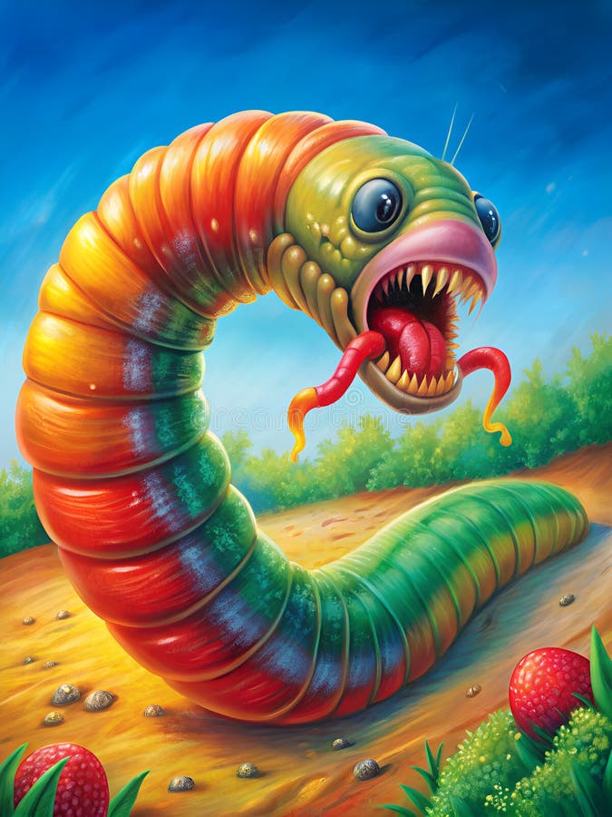 A colorful worm with its tongue out is having fun eating strawberries in a natural environment surrounded by lush grass and under a painted sky, like a fictional character from a childrens art book. A colorful worm with its tongue out is having fun eating strawberries in a natural environment surrounded by lush grass and under a painted sky, like a fictional character from a childrens art book