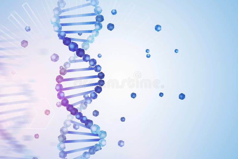 Blue purple vertical dna helix with parts of it scattered around over light blue background with geometric pattern. Biotech, biology, medicine and science concept. 3d rendering mock up. Blue purple vertical dna helix with parts of it scattered around over light blue background with geometric pattern. Biotech, biology, medicine and science concept. 3d rendering mock up