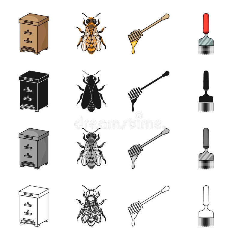 Beehive on an apiary, an insect of a bee, a dipper for honey, a scraper. Apiary set collection icons in cartoon black monochrome outline style vector symbol stock illustration . Beehive on an apiary, an insect of a bee, a dipper for honey, a scraper. Apiary set collection icons in cartoon black monochrome outline style vector symbol stock illustration .