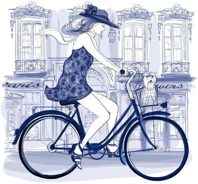 开心年轻的骑自行车者在街上骑行 皇族释放例证