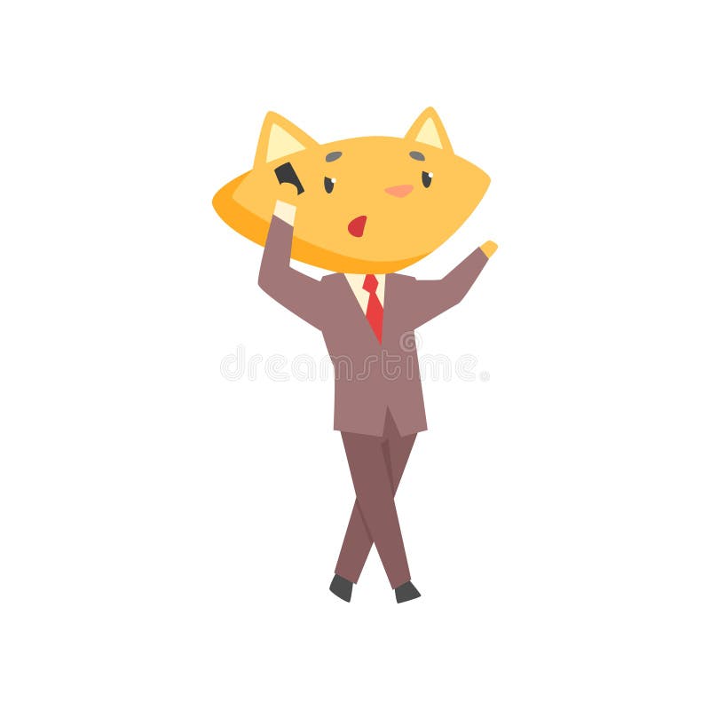 在衣服的滑稽的商人狐狸站立和谈话在电话，逗人喜爱的动物上司字符动画片传染媒介 库存例证
