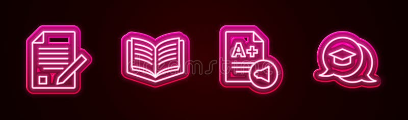 Set line Exam sheet and pencil, Open book, with A plus grade and Graduation cap in speech bubble. Glowing neon icon. Vector. Set line Exam sheet and pencil, Open book, with A plus grade and Graduation cap in speech bubble. Glowing neon icon. Vector.