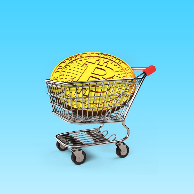 在购物车, 3D的金黄Bitcoin例证 皇族释放例证 在购物车, 3D的金黄Bitcoin例证 皇族释放例证