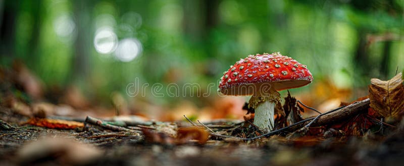 在郁郁葱葱的绿色森林环境中，AI生成的图像中，鲜活的红蘑菇站在 免版税库存照片